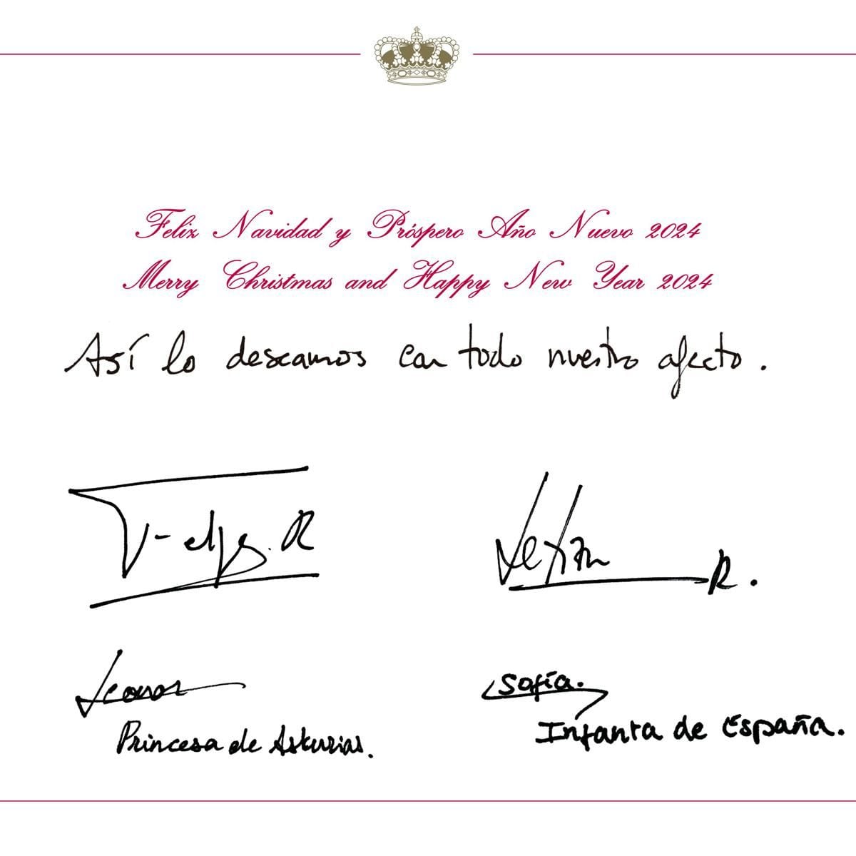 Letizia, Felipe and their daughters signed the card