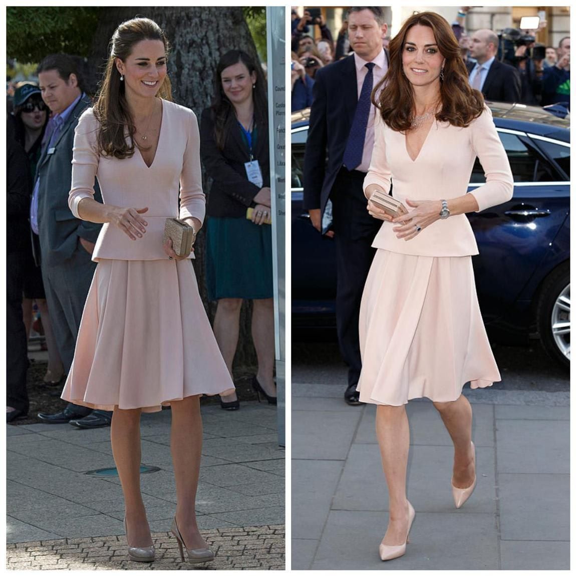 Kate Middleton in a low-neck pink dress with a pleated skirt by Alexander McQueen in 2014 and 2016