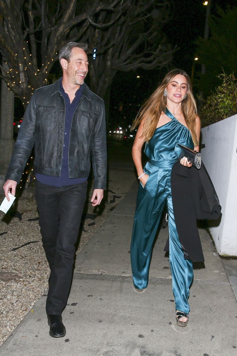 Sofía Vergara stuns in a blue silk jumpsuit as she steps out for a romantic dinner with boyfriend Justin Saliman at Catch.