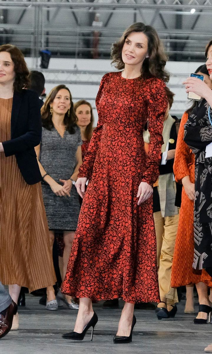 Letizia wore a red printed Maje dress for the engagement