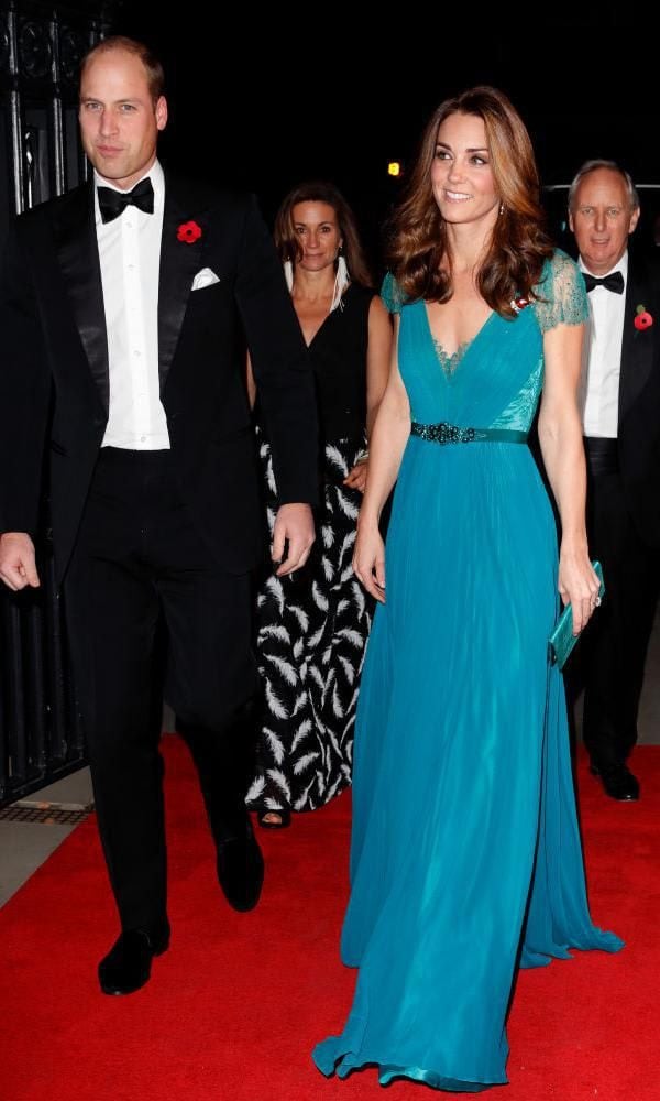 Kate Middleton in a teal colored Jenny Packham dress