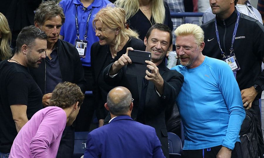 Say selfie! Hugh Jackman snapped a photo with Novak Djokovic's coach, Boris Becker, while his wife Deborra-Lee Furness chatted with actor Ben Stiller.
Photo: Jean Catuffe/GC Images