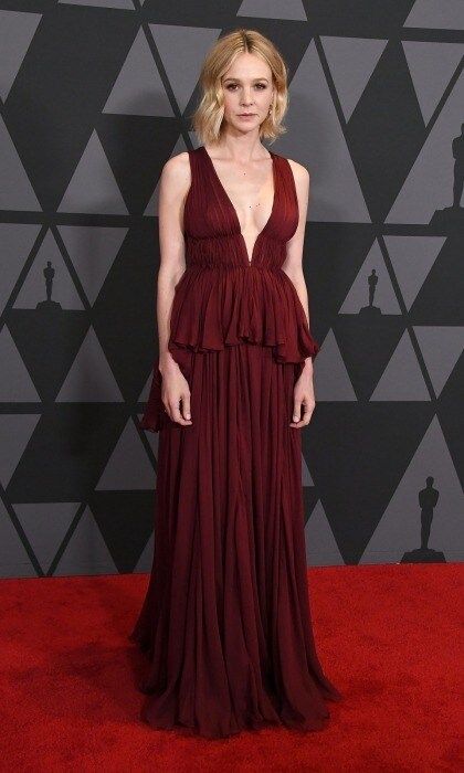 Miss Scarlett! Carey Mulligan turned heads in a deep red Giambattista Valli Couture dress. The design featured a plunging neckline and frilled waist flourish. Her short locks perfectly framed her face as she headed down the carpet.
Photo: Steve Granitz/WireImage