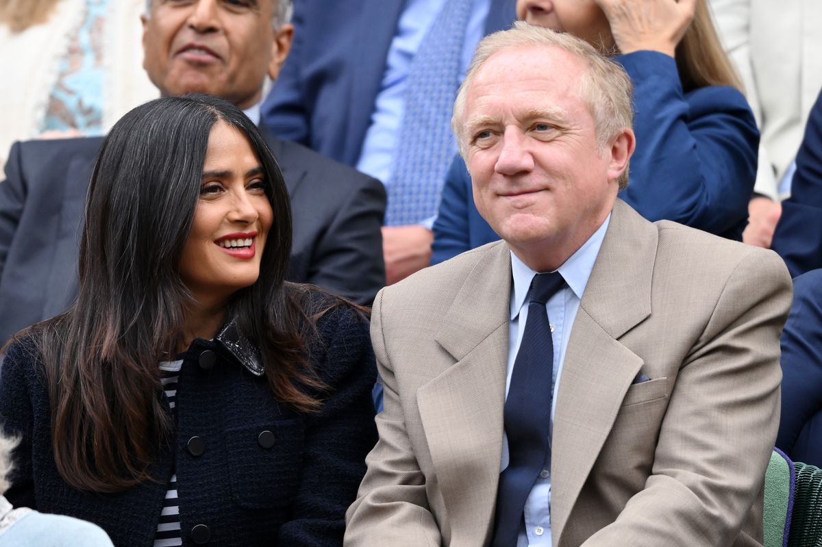 Salma Hayek and Francois-Henri Pinault attend day seven of the Wimbledon Tennis Championships at the All England Lawn Tennis and Croquet Club on July 07, 2024, in London, England. 