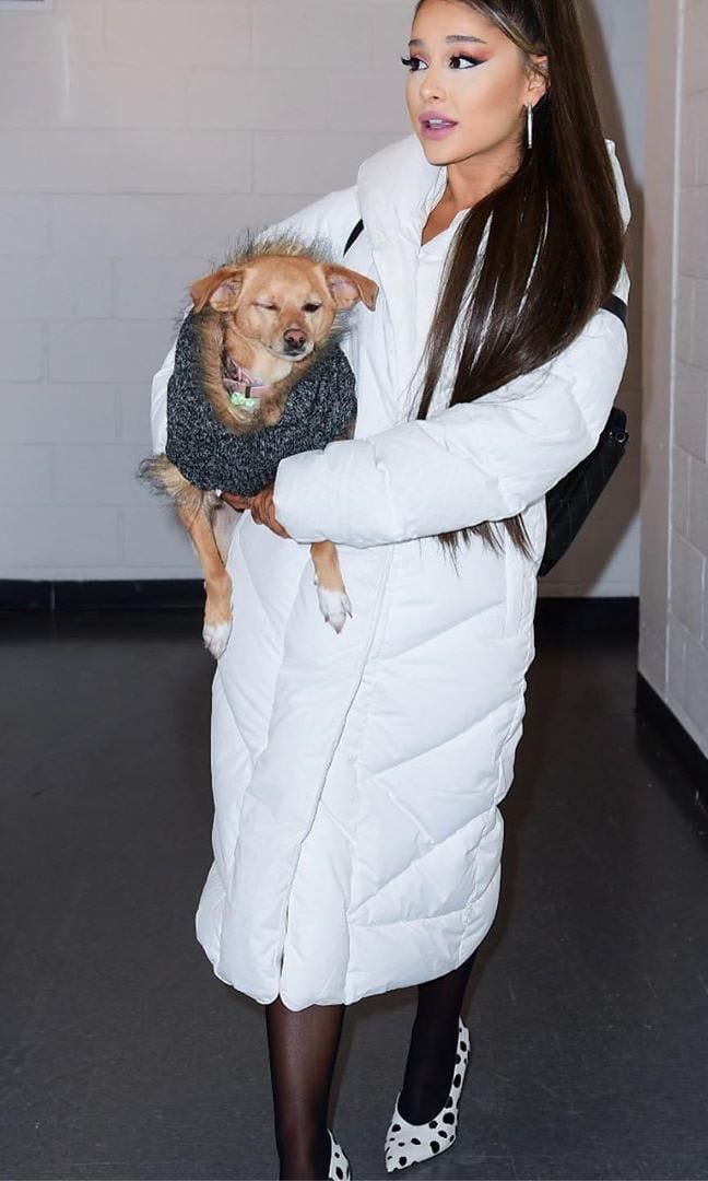 Ariana Grande in a long goose-down puffer The Duvet by Wilfred and dalmation-printed pumps