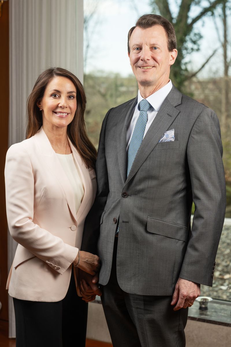 WASHINGTON, DC - MARCH 19: Prince Joachim of Denmark and his wife, Princess Marie of Denmark, pose for a portrait at the Embassy of Denmark in Washington, DC on March 19, 2024. (Photo by Craig Hudson for The Washington Post via Getty Images)