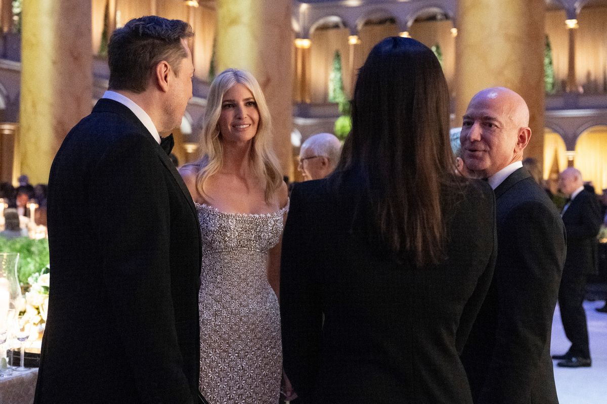 Ivanka pictured chatting with Elon Musk and Jeff Bezos at the dinner