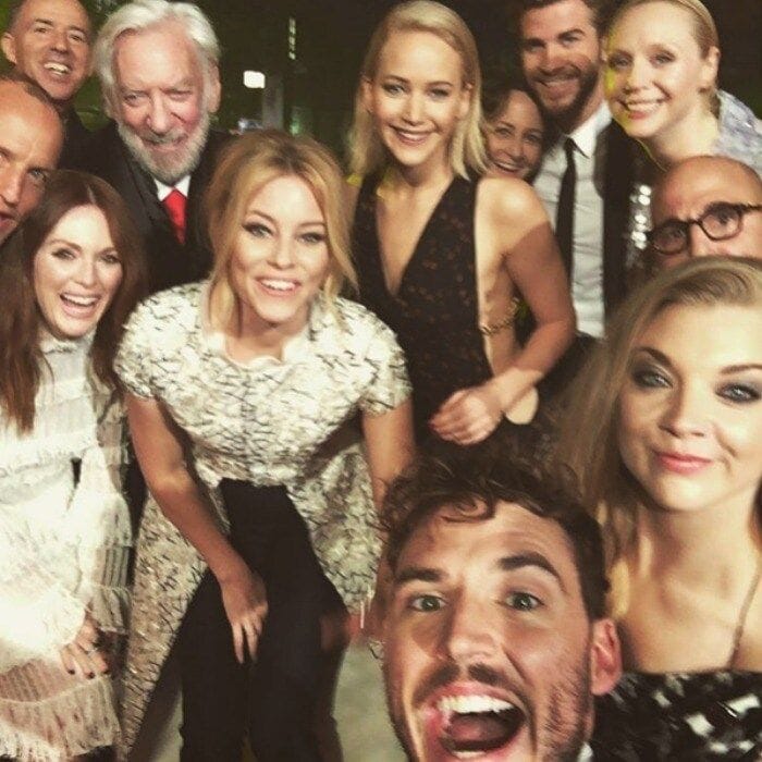 Sam Claflin, Woody Harrelson, Julianne Moore, Donald Sutherland, Elizabeth Banks, Jennifer Lawrence, producer Nina Jacobson, Liam Hemsworth, Gwendoline Christie, Stanley Tucci and Natalie Dormer
<br>
Photo: Instagram/@mrsamclaflin