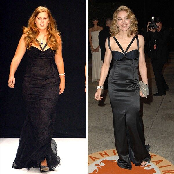 <b>Princess Eugenie and Madonna</B>
<br>
The Queen's granddaughter and the Queen of Pop have both stepped out in this strappy Dolce & Gabbana black gown. Beatrice strutted her stuff in a charity fashion while Madonna kicked up her heels at Vanity Fair's 2007 post-Oscars bash.
<br>
<br>
Photo: Getty Images