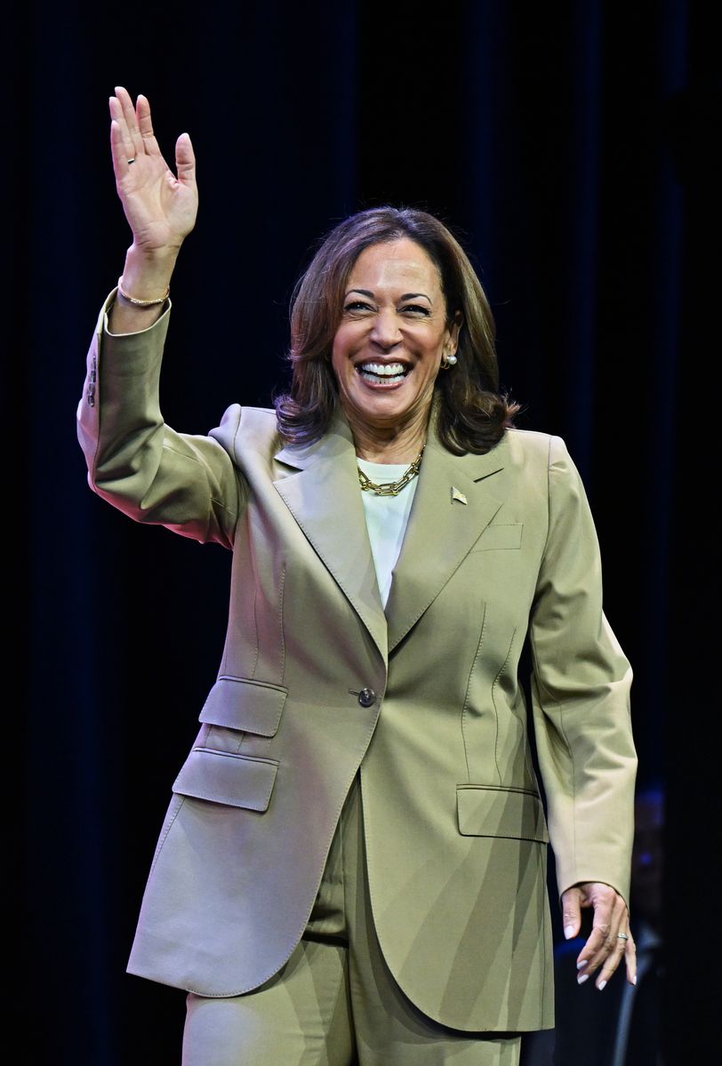 Vice President Kamala Harris waves while walking on stage at a campaign event at the Asian and Pacific Islander American Vote Presidential Town Hall at the Pennsylvania Convention Center on July 13, 2024, in Philadelphia, Pennsylvania. Harris continues campaigning ahead of the presidential election as Democrats face doubts about President Bidenâs fitness in his re-election campaign against former President Donald Trump. 