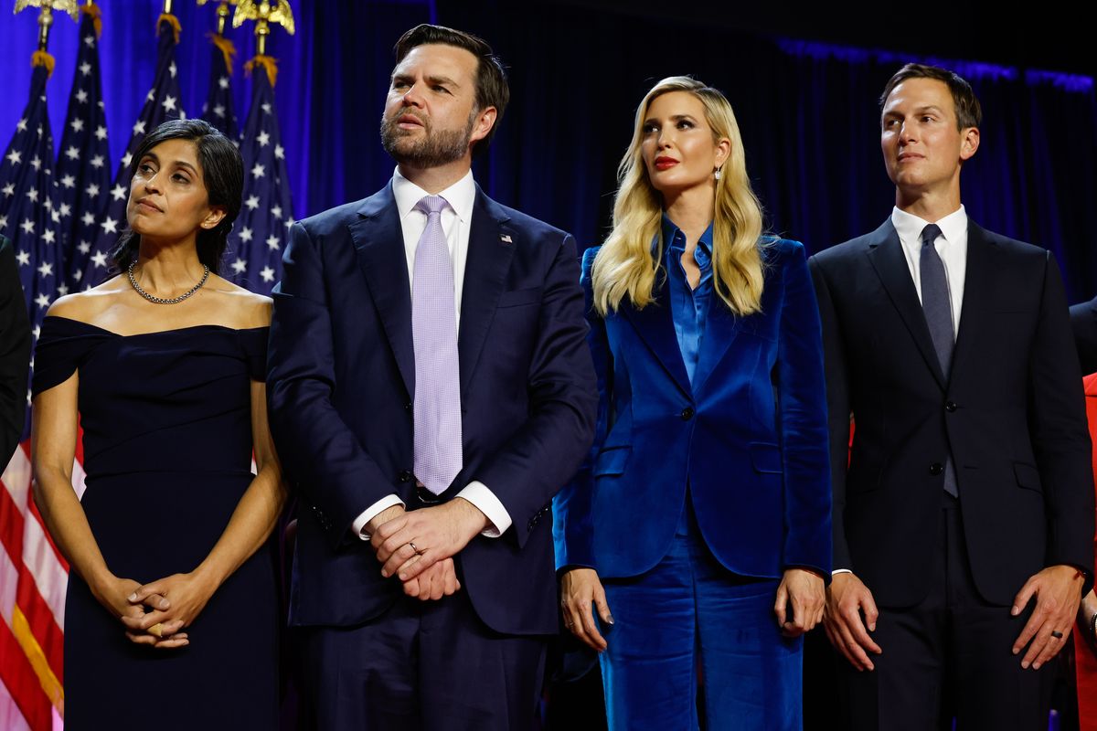  (L-R) Usha Vance, Republican vice presidential nominee, U.S. Sen. J.D. Vance (R-OH), Ivanka Trump and Jared Kushner look on as Republican presidential nominee, former U.S. President Donald Trump speaks during an election night event at the Palm Beach Convention Center on November 06, 2024 in West Palm Beach, Florida. Americans cast their ballots today in the presidential race between Republican nominee former President Donald Trump and Vice President Kamala Harris, as well as multiple state elections that will determine the balance of power in Congress.   (Photo by Chip Somodevilla/Getty Images)