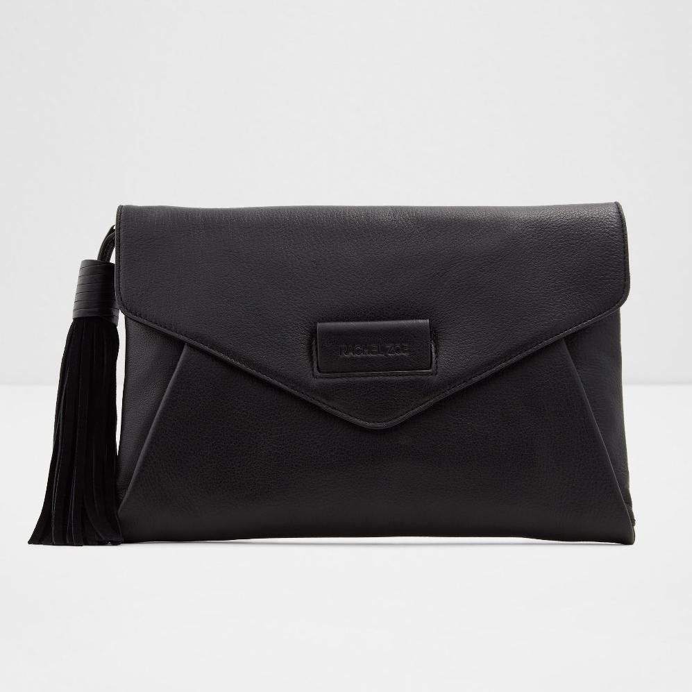 Black leather maxi clutch with tassel by Rachel Zoe