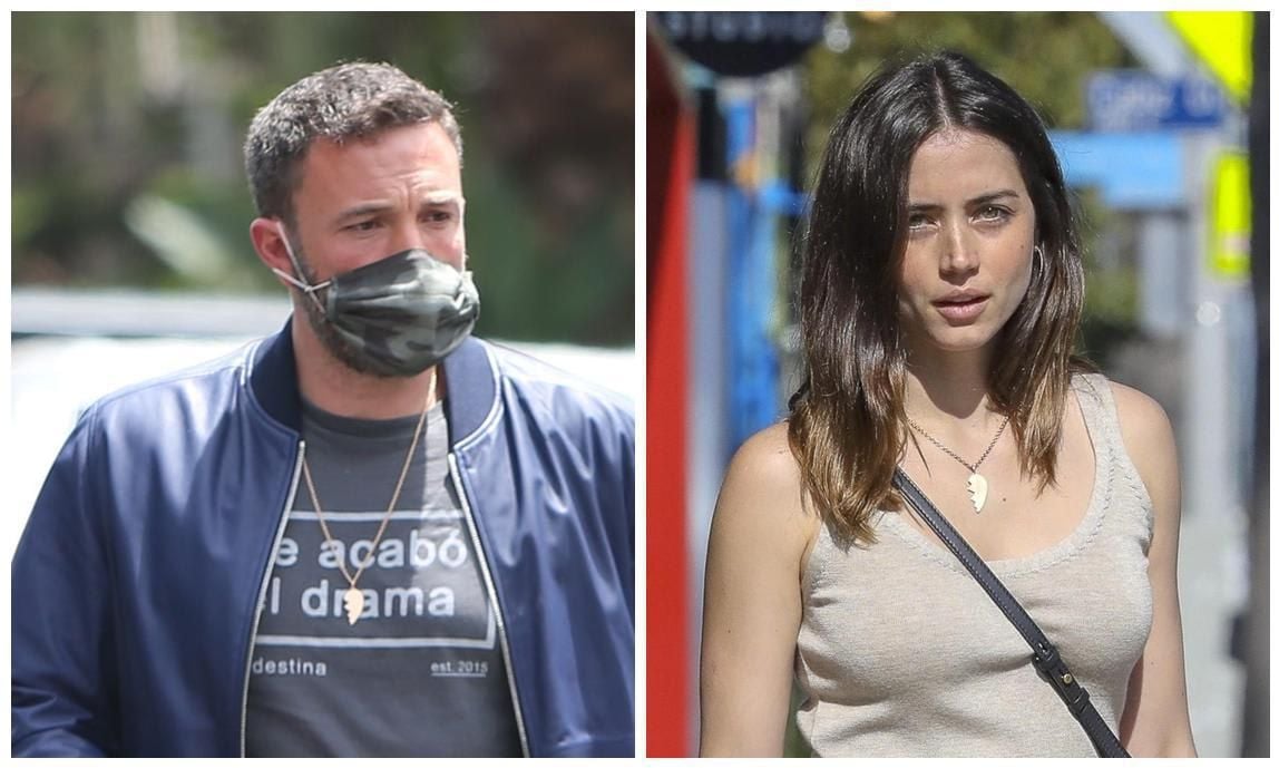 Ben Affleck and Ana De Armas are both wearing a matching half heart necklace that complements each other.