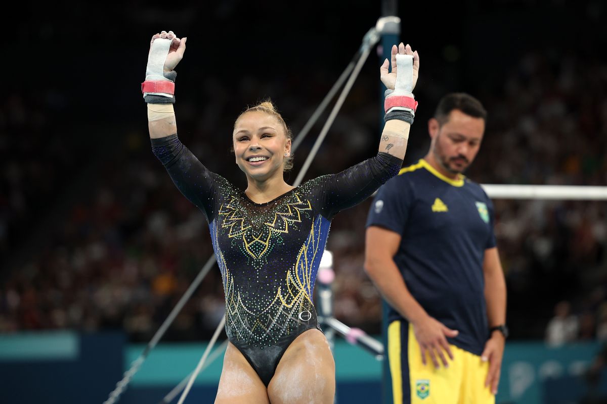 Flavia Saraiva of Team Brazil celebrates after her routine on the uneven bars during the Artistic Gymnastics Women's Qualification on day two of the Olympic Games Paris 2024 at Bercy Arena on July 28, 2024, in Paris, France. (Photo by Jamie Squire/Getty Images)