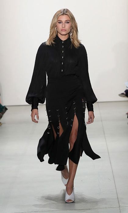 Hailey Baldwin worked the Prabal Gurung runway modeling a black ensemble.
Photo: Neilson Barnard/Getty Images