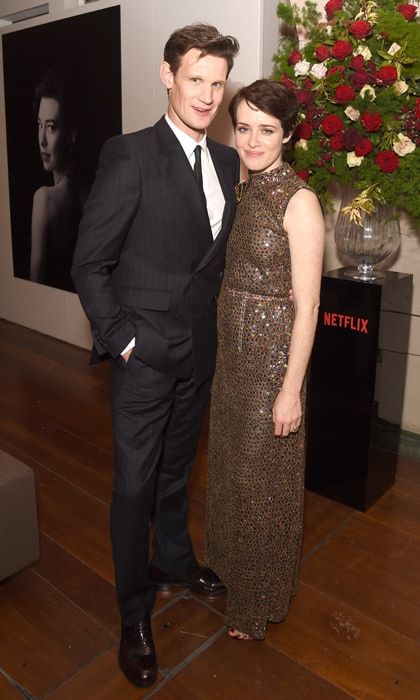 Claire Foy was darling in Dior for <i>The Crown</i>'s season 2 premiere with Matt Smith. The onscreen royal couple left the premiere and ventured to the after-party at the Somerset House in London.
The actress, who is playing Queen Elizabeth on the Netflix show for one final season, kept her accessories to a minimum and her short pixie cut off to the side.
Photo: Getty Images