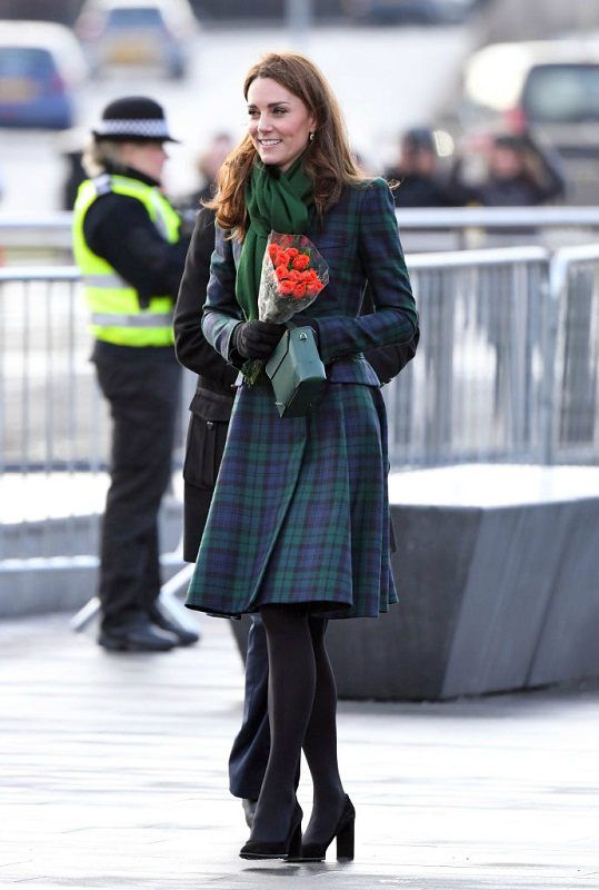 Kate Middleton with green dress, purse, and scarf