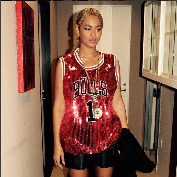 May 2015: Beyonce found a way to add glam to her basketball jersey.
<br>
Photo: Beyonce.com