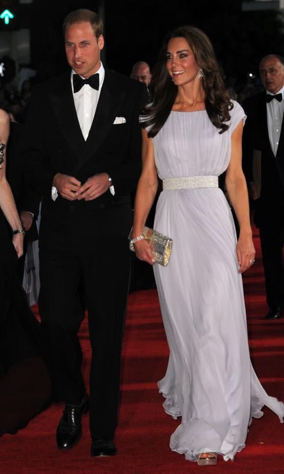 Kate Middleton in a long lavender gown with Prince William