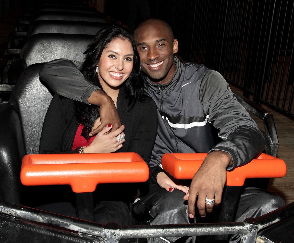 NBA MVP Kobe Bryant (right) and wife Vanessa Bryant (left) on Terminator Salvation - The Ride at Six Flags Magic Mountain on June 28, 2009 in Valencia, California.  (Photo by Mathew Imaging/WireImage)