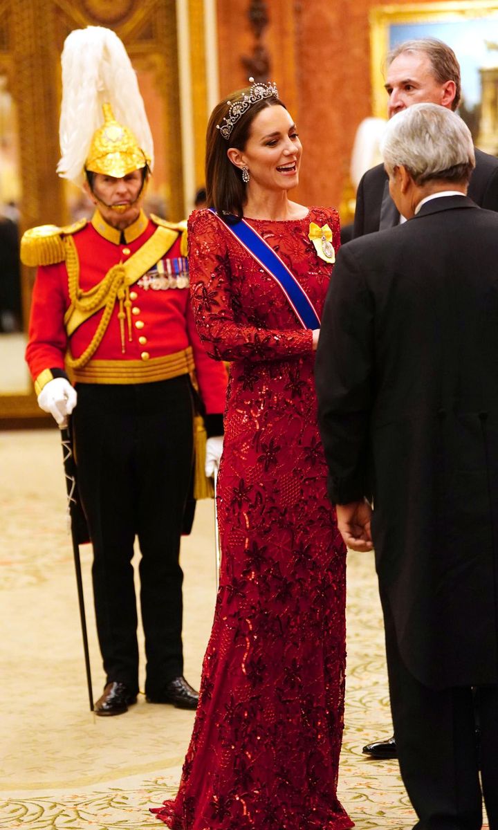 The royal stunned in a red Jenny Packham gown at the Diplomatic Reception held at Buckingham Palace in December.