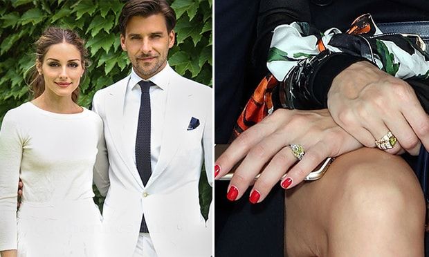 Olivia Palermo
German model Johannes Huebl proposed to Olivia on New Year's Eve last year during a holiday in St Bart's. The ring is adorned with a big yellow diamond, two white diamonds on either side, and a simple white-gold band. The couple married six months later in a secret New York ceremony.