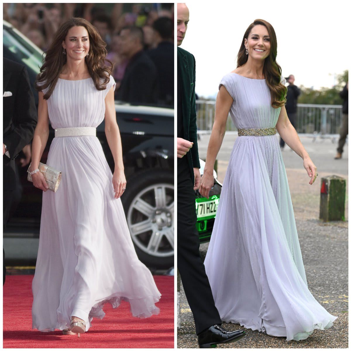 Kate recycled her lilac Alexander McQueen dress for the 2021 Earthshot Prize Awards ceremony on Oct. 17 (right)