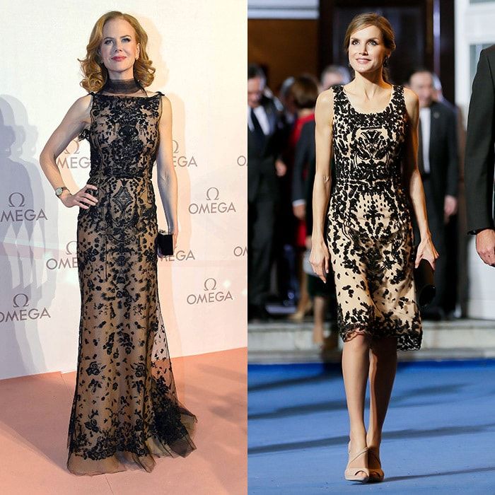 <b>Nicole Kidman and Queen Letizia of Spain</b>
Eagle-eyed style watchers noted that the nude and black lace gown that Queen Letizia wore to the October 2016 Princess of Asturias Awards ceremony in Spain, right, looked just like Nicole Kidman's gorgeous gown at the Omega 'La Nuit Enchantee' gala in Vienna back in 2013.
The dresses, though, are by two different designers: Nicole's is by Oscar de la Renta, while the Spanish royal's dress was created by Felipe Varela.
Photos: Vienna Report/ABACAPRESS.COM, PA IMAGES