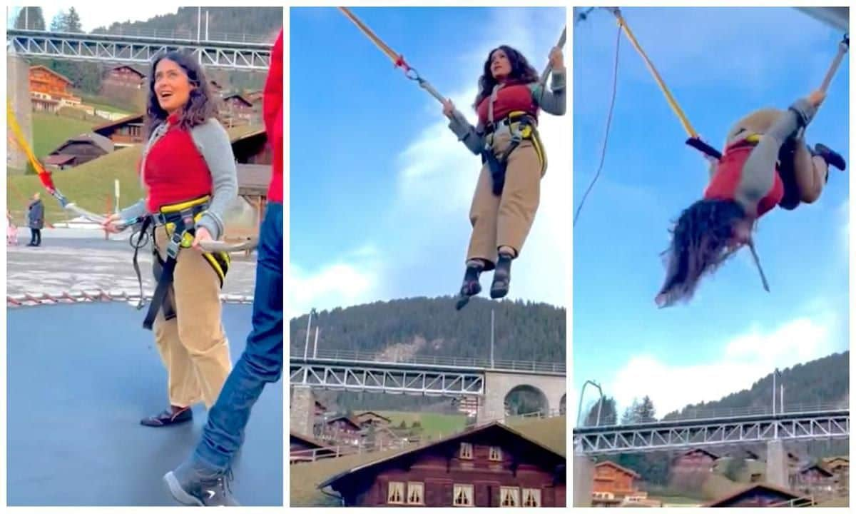 Salma Hayek revisits her childhood by jumping on a fun bungee trampoline