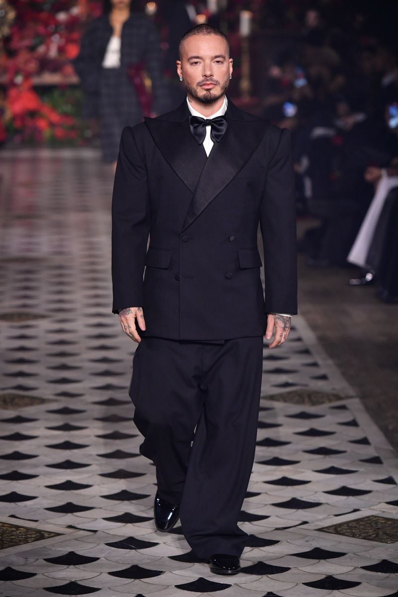 J Balvin on the runway at the Willy Chavarria fashion show during Paris Fashion Week Menswear Fall 2025 held at The American Cathedral in Paris on January 24, 2025 in Paris