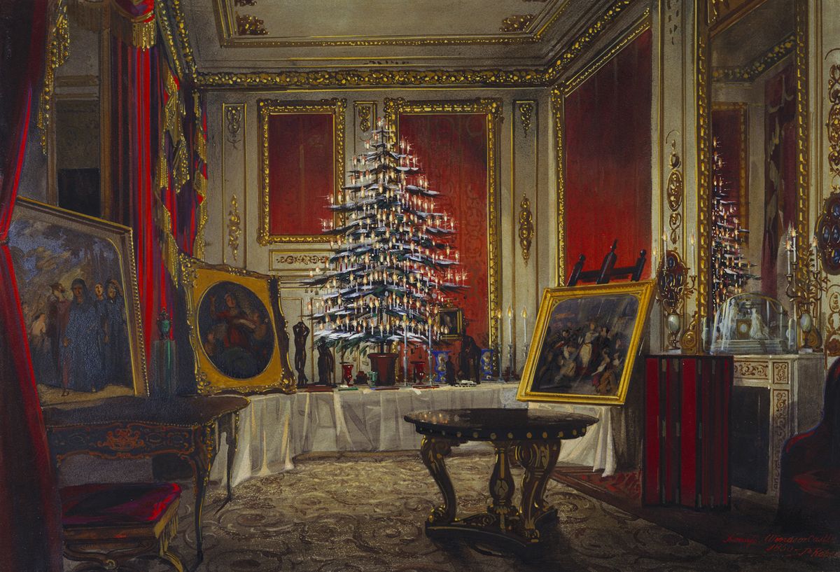 Árbol de Navidad de la reina Victoria, 1850. Se encuentra en la colección de Royal Collection, Londres. Artista: Roberts, James (1824-1867). (Foto de Fine Art Images/Heritage Images/Getty Images)