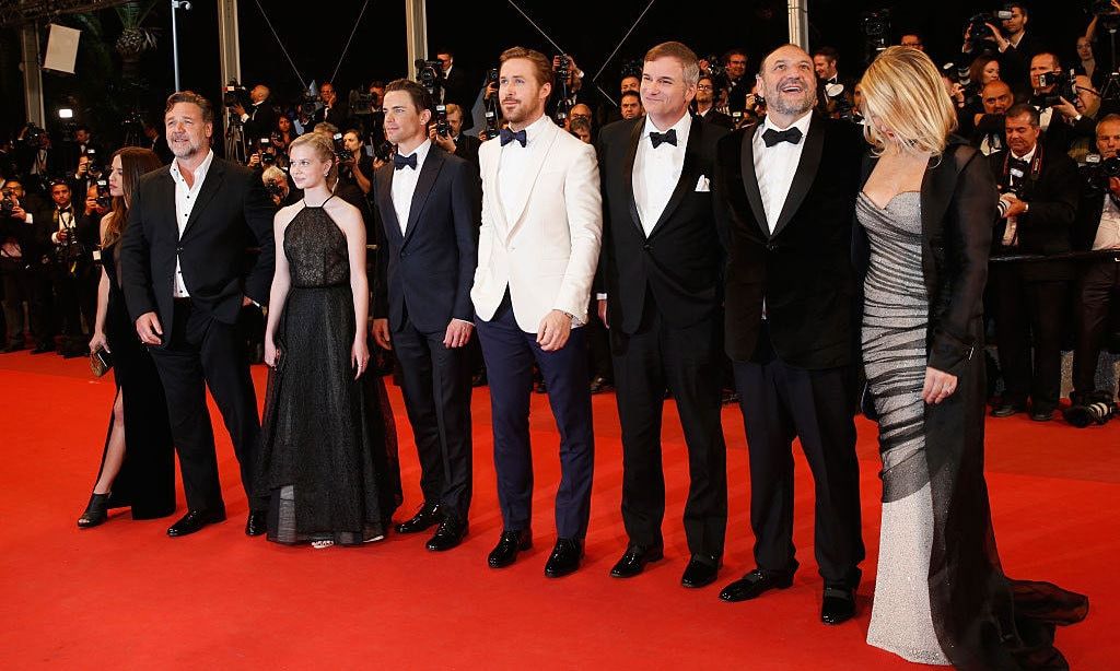 These <i>guys</i> clean up nicely. Murielle Telio, Russell Crowe, Angourie Rice, Matt Bomer, Ryan Gosling, director Shane Black, producer Joel Silver and his wife attended <i>The Nice Guys</i> premiere in Cannes.
<br>
Photo: Tristan Fewings/Getty Images