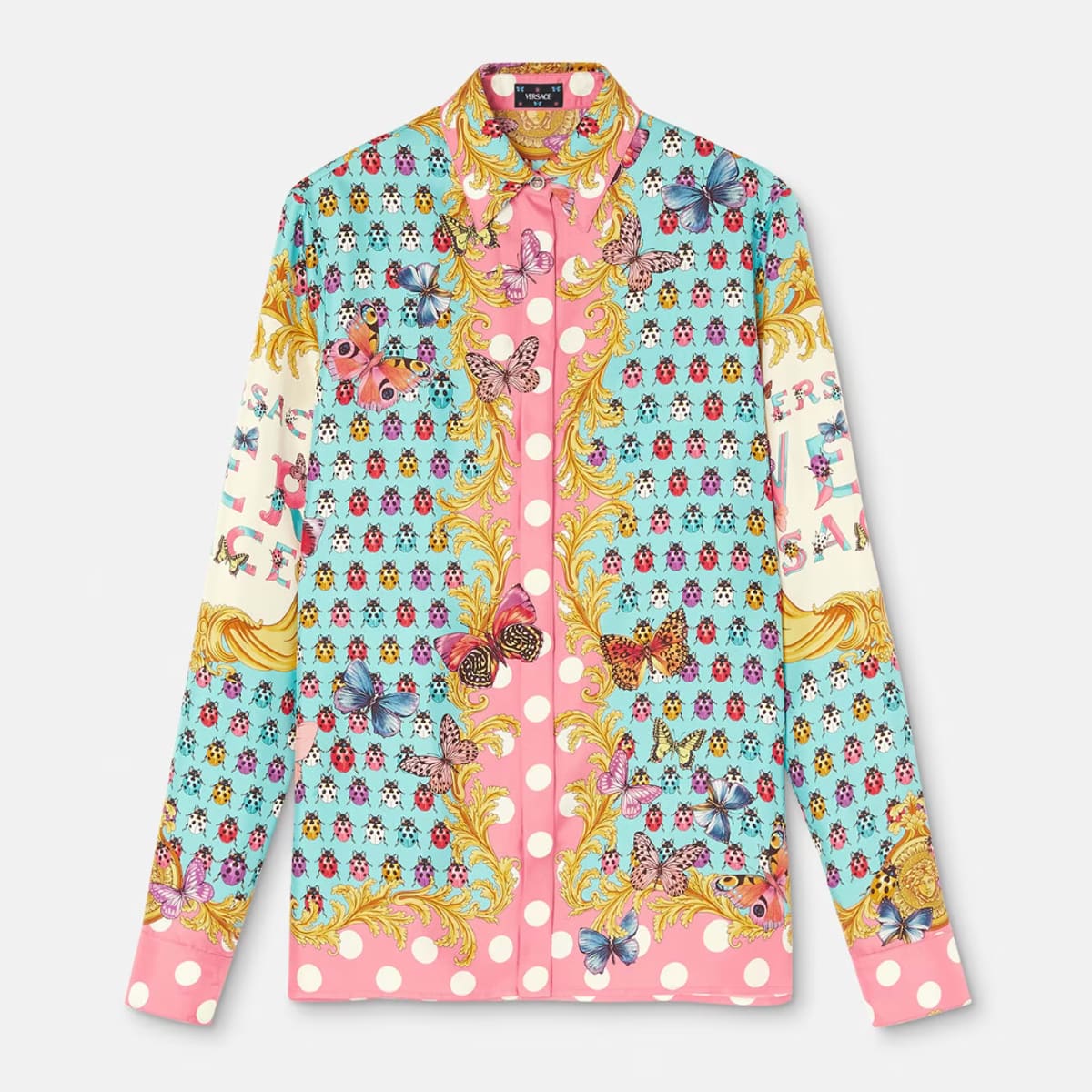 Versace silk twill long sleeved shirt featuring a Heritage Butterflies and Ladybugs print