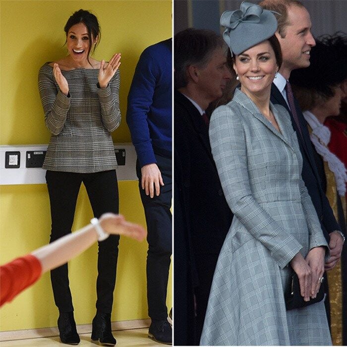 <B>Check mates</B>
Prince Harry and Prince William's father is the Prince of Wales and both Wills's wife and Harry's bride have worn their dad's namesake check, showing us two fab ways to wear the traditional menswear pattern. Meghan, left, dressed it down during a January 2018 visit to Cardiff by wearing an off-the-shoulder Prince of Wales check top by Theory the choice thought to be a nod to her future husband's full title, Prince Henry of Wales with dark jeans by Welsh brand Hieut Denim. In 2014, Duchess Kate went for a more formal look by Alexander McQueen to welcome the President of Singapore to London.
Photos: WENN, Getty Images