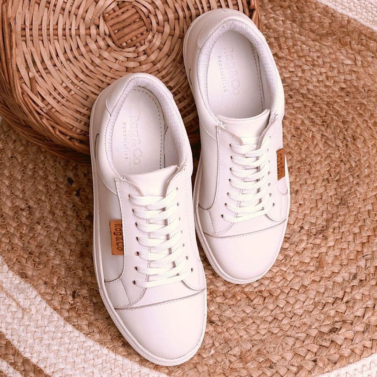 Rag & Co, ASHFORD, White Fine Leather Walking Sneakers