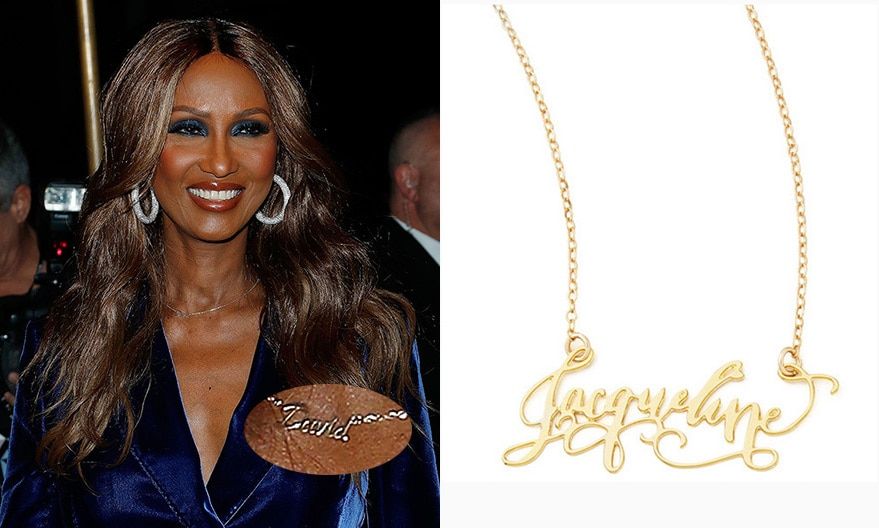 Iman has paid a beautiful homage to her late husband David Bowie with a script necklace of his name. While the supermodel's touching tribute was custom created for her by designer Hedi Slimane, formerly of Saint Laurent, a similar style is available from Brevity.
Celebrity fans: Alessandra Ambrosio, Shay Mitchell, Kylie Jenner
Brevity Personalized Gold-Plate Calligraphy Necklace, $345 from neimanmarcus.com