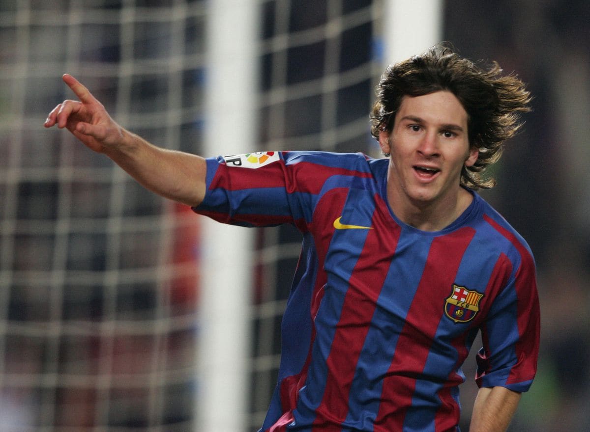 Leo Messi celebrates after scoring against Real Athletic during their Spanish League football match at the Nou Camp stadium in Barcelona, 2006.