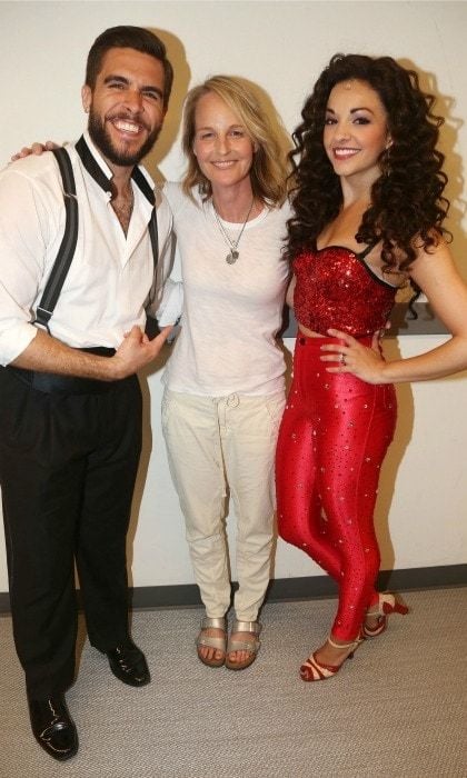 June 22: The stars of Broadway's <i>On Your Feet!</i>Josh Segarra and Ana Villafane snapped a pic backstage with with Helen Hunt in NYC.
<br>
Photo: FilmMagic