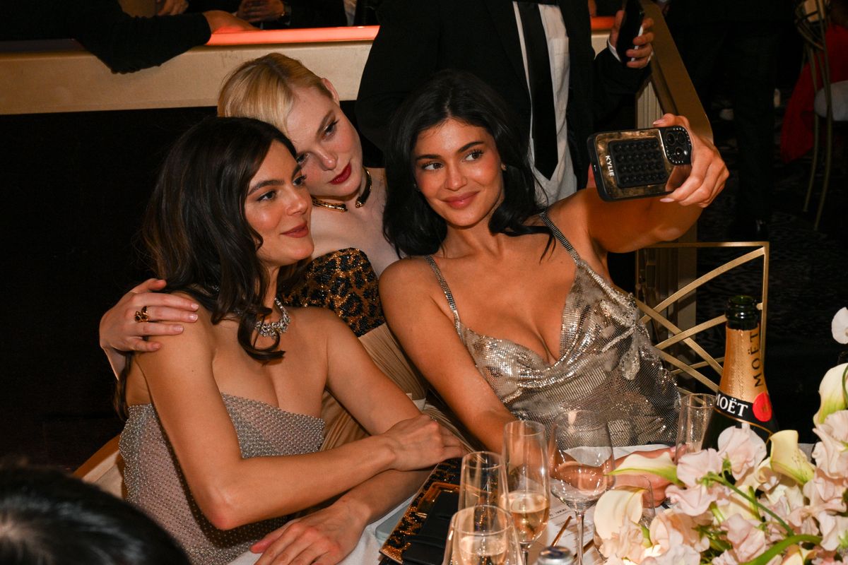 Monica Barbaro, Elle Fanning, Kylie Jenner during the 82nd Annual Golden Globes held at The Beverly Hilton on January 05, 2025 in Beverly Hills, California. (Photo by Michael Buckner/GG2025/Penske Media via Getty Images)