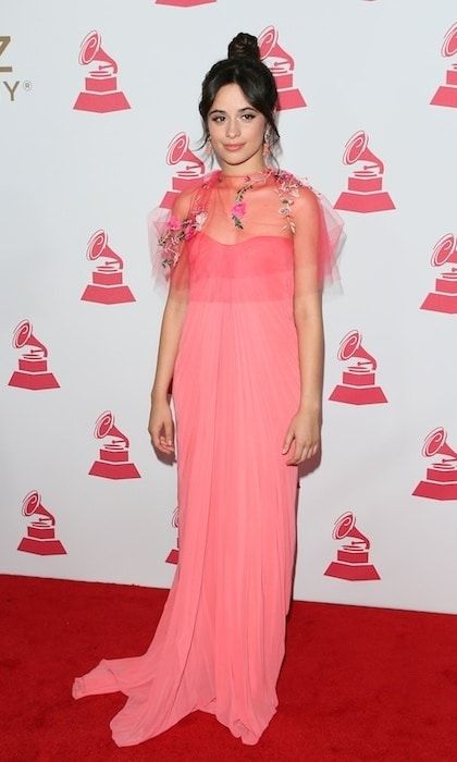 Camila Cabello floated down the red carpet at the Latin Recording Academy's 2017 Person Of The Year Gala in a coral pink Monique Lhuillier gown from the designer's 2018 resort collection.
Photo: Getty Images