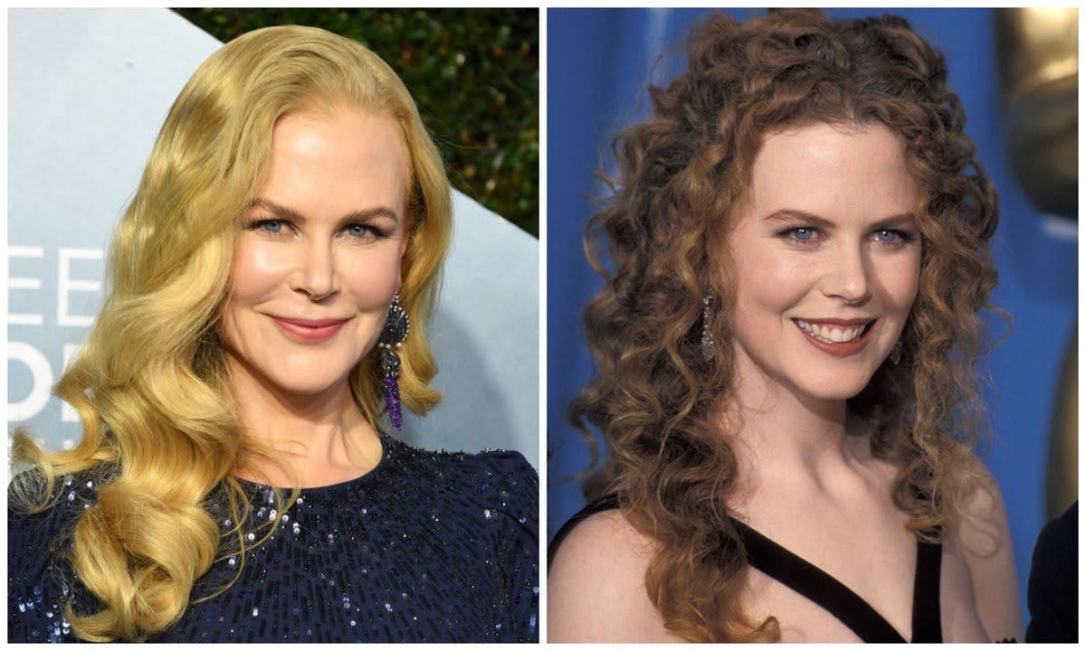Nicole Kidman as a blond with slightly curly hair on the left and as a natural curly redhead on the right
