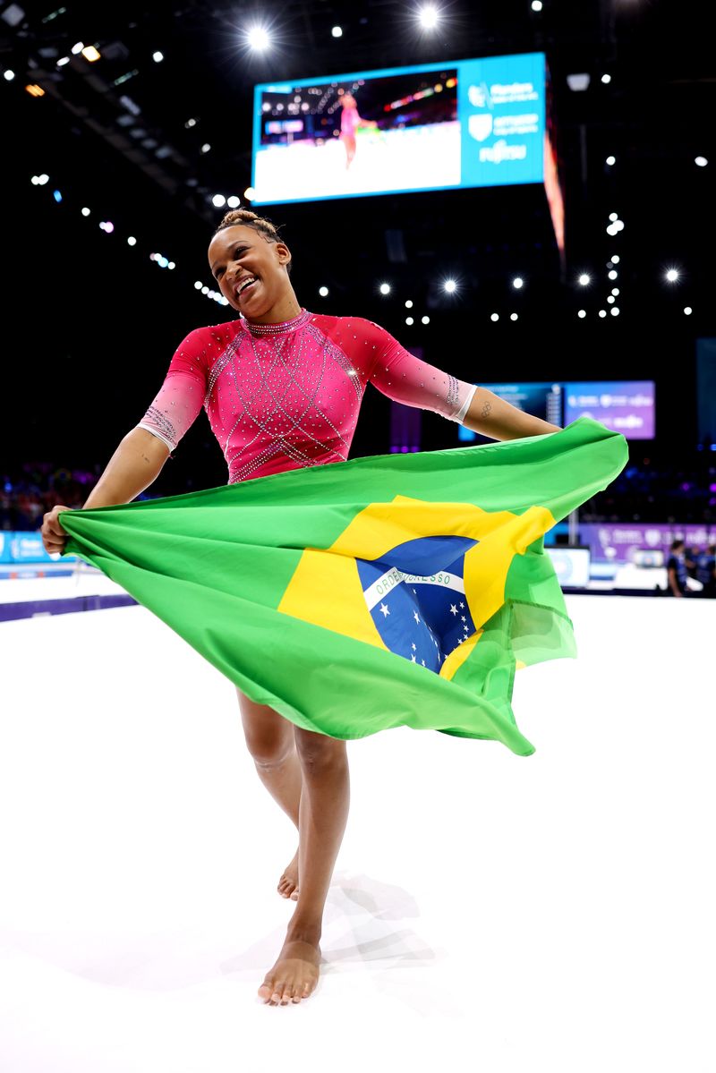Gold medalist Rebeca Andrade of Team Brazil celebrates after winning the Women's Vault Final on Day Eight of the 2023 Artistic Gymnastics World Championships at Antwerp Sportpaleis on October 07, 2023, in Antwerp, Belgium. 