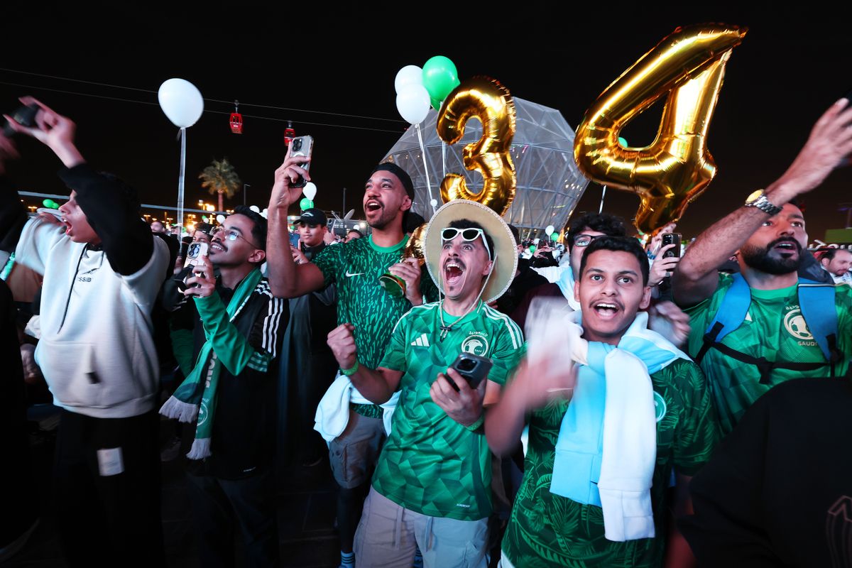 RIYADH, SAUDI ARABIA - DECEMBER 11: Fans celebrate as Saudi Arabia is announced as the host nation for the FIFA World Cup 2034 Host on December 11, 2024 in Riyadh, Saudi Arabia. (Photo by Francois Nel/Getty Images for Saudi Arabian Football Federation)