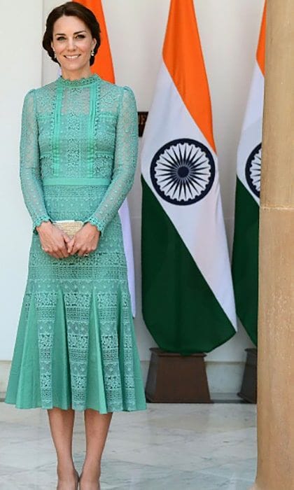 During her meeting with the Indian Prime Minister, Kate went with a lacey sea foam green Alice Temperley dress.
<br>
Photo: Getty Images