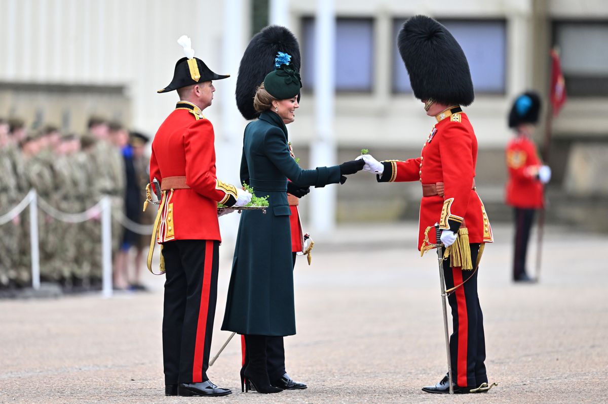 LONDON, ENGLAND - MARCH 17: Catherine, Princess of Wales upholds the St Patrick's Day tradition of presenting shamrocks to the Irish Guards during the 2025 Irish Guard's St. Patrick's Day Parade at Wellington Barracks on March 17, 2025 in London, England. (Photo by Samir Hussein/WireImage)