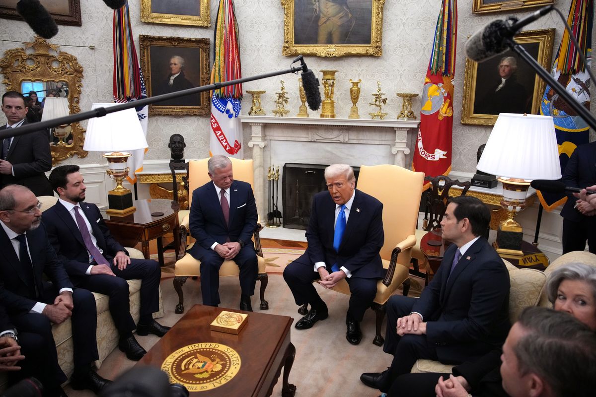 WASHINGTON, DC - FEBRUARY 11: U.S. President Donald Trump meets with Jordanâs King Abdullah II in the Oval Office at the White House on February 11, 2025 in Washington, DC. The meeting with King Abdullah comes as Trump has proposed that the United States take an ownership position of Gaza, transferring millions of Palestinians to neighboring countries as the area is rebuilt and developed. U.S. Secretary of State Marco Rubio and Crown Prince of Jordan Hussein bin Abdullah also attended the meeting. (Photo by Andrew Harnik/Getty Images)