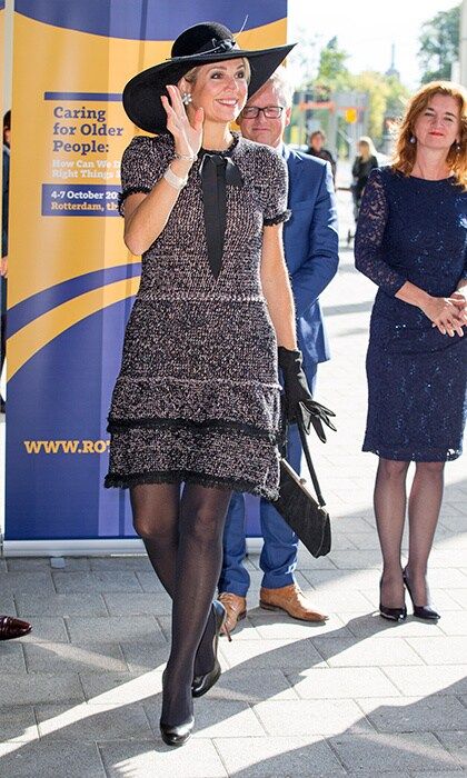 Chanel? Not exactly! Queen Maxima of the Netherlands wore this tweed-look knit dress from Zara's Fall 2016 collection to a nursing convention in Rotterdam.
Photo: PA Images