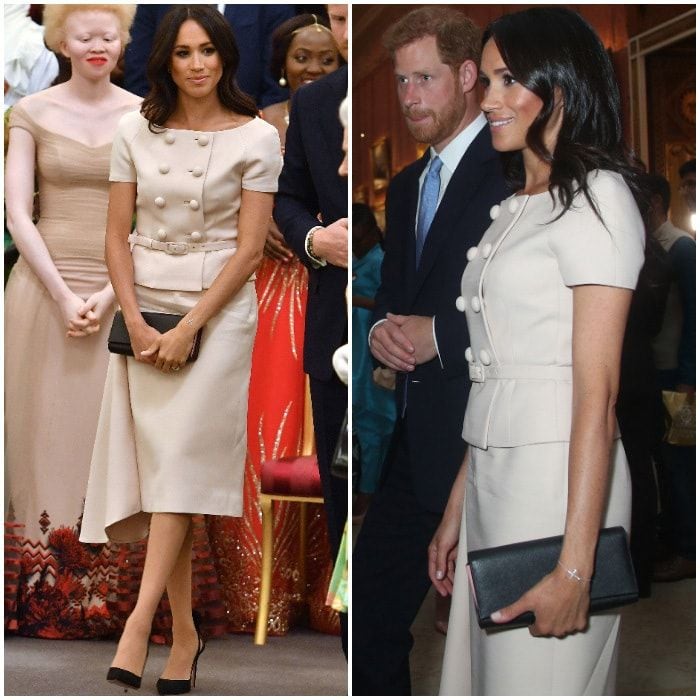 The Duchess wears Prada! Meghan Markle wore a custom light pink cap-sleeved, double-breasted dress with buttons by the fashion house to the Queen's Young Leader Awards at Buckingham Palace on June 26. The former actress paired the look with black Aquazurra pumps and a Prada Saffiano clutch, and those trusted stockings.
Photo: Getty Images