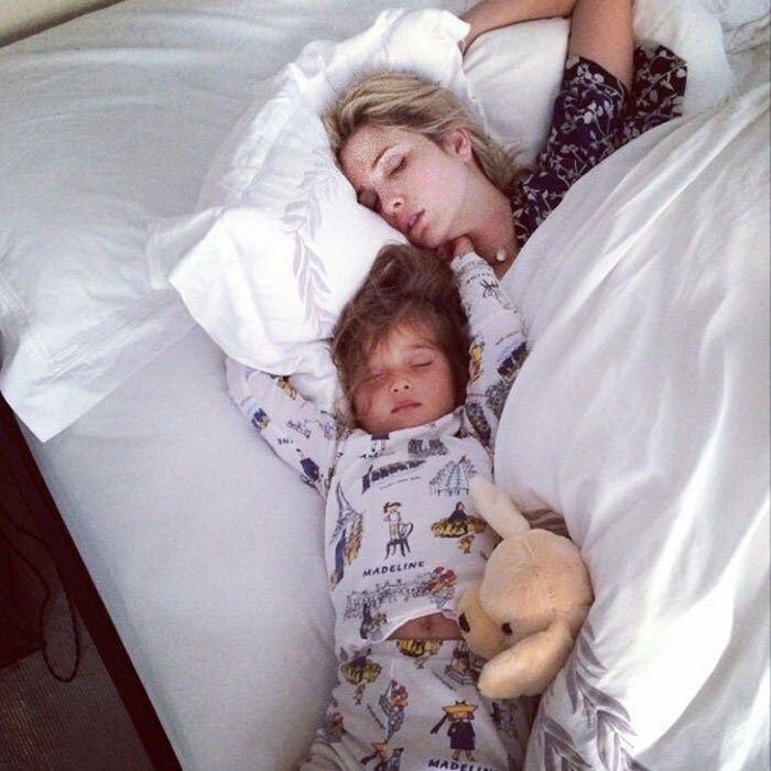 Husband Jared Kushner snapped this photo of his wife and daughter sleeping, before Arabella's third birthday, when the excited bday girl ended up in her parents bed.
<br>
Photo: Instagram/@ivankatrump