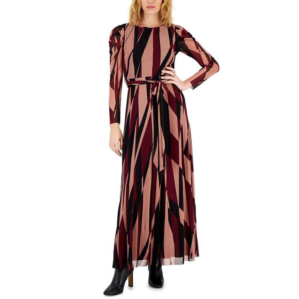 ANNE KLEIN Mesh Printed Puff Sleeve Maxi Dress